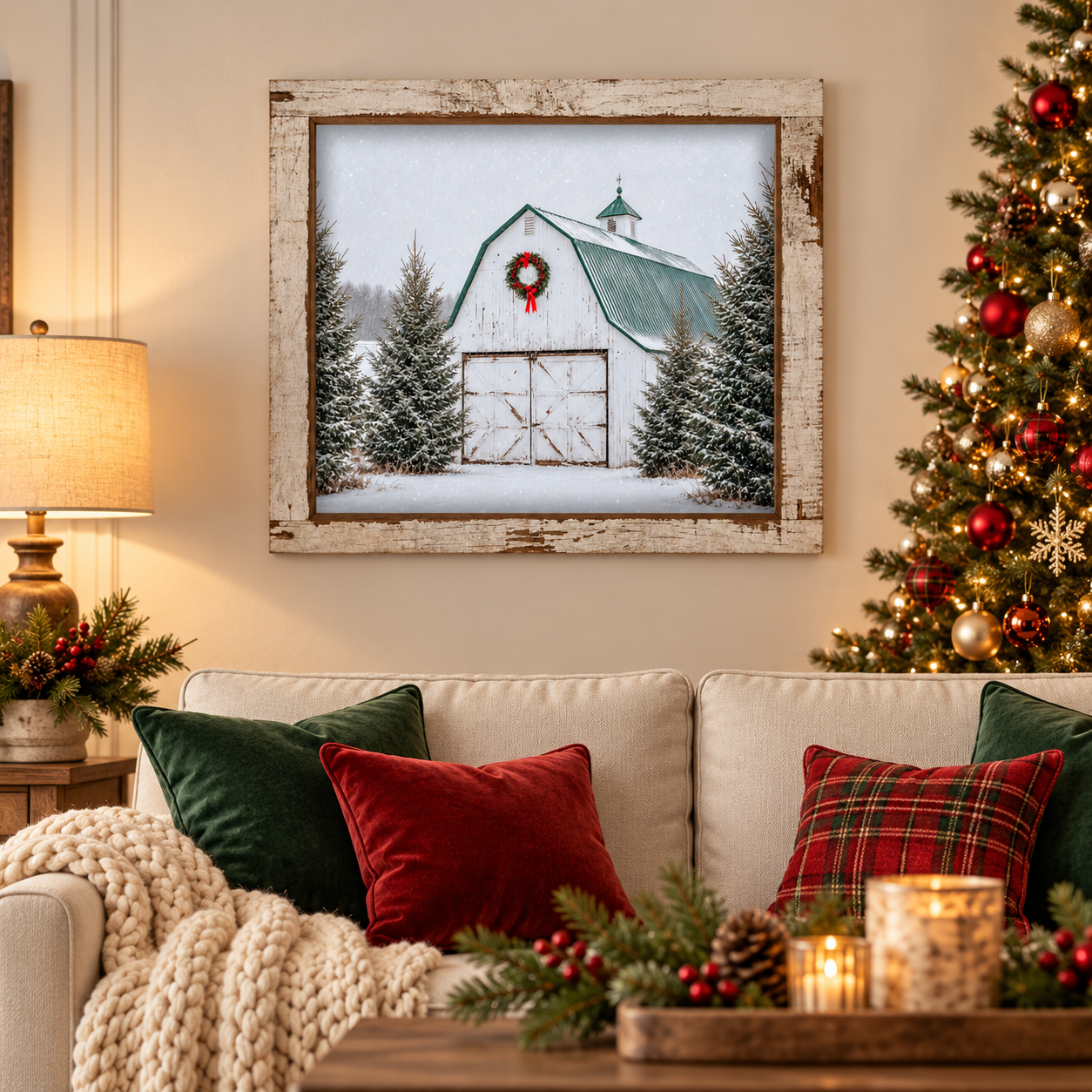 White barn Christmas wall sign with a red-bow wreath, green roof, and snowy spruce trees in a 16 x 16 inch distressed white barnwood frame