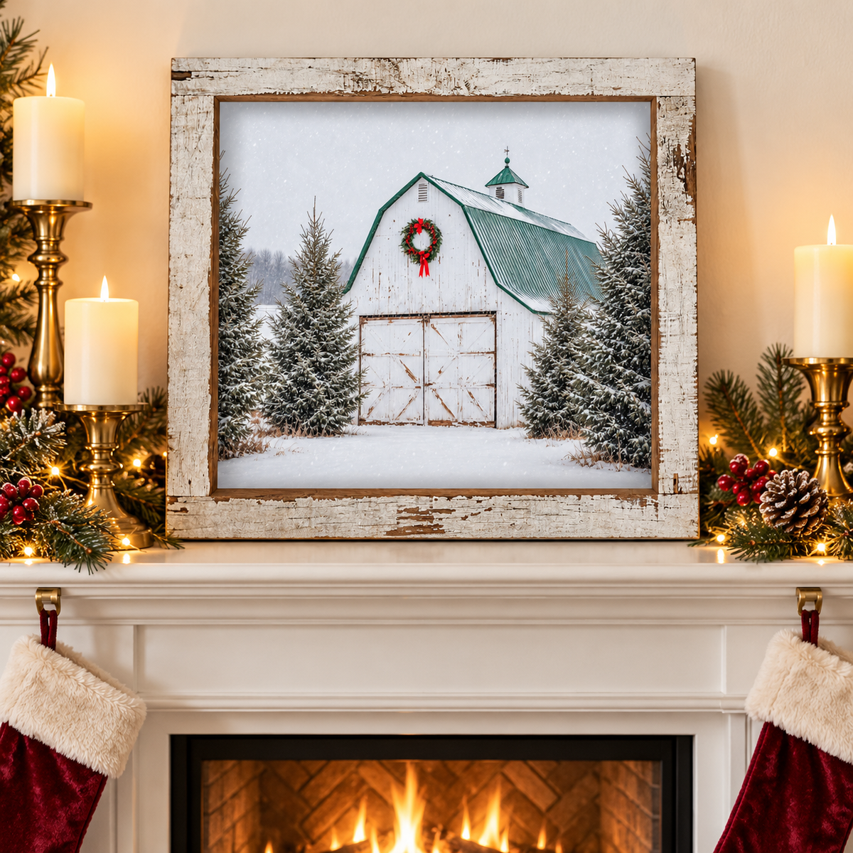 White barn Christmas wall sign with a red-bow wreath, green roof, and snowy spruce trees in a 16 x 16 inch distressed white barnwood frame