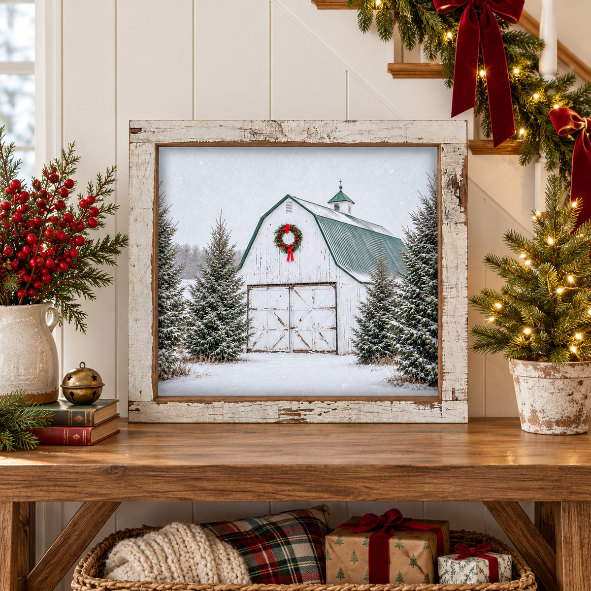 White barn Christmas wall sign with a red-bow wreath, green roof, and snowy spruce trees in a 16 x 16 inch distressed white barnwood frame