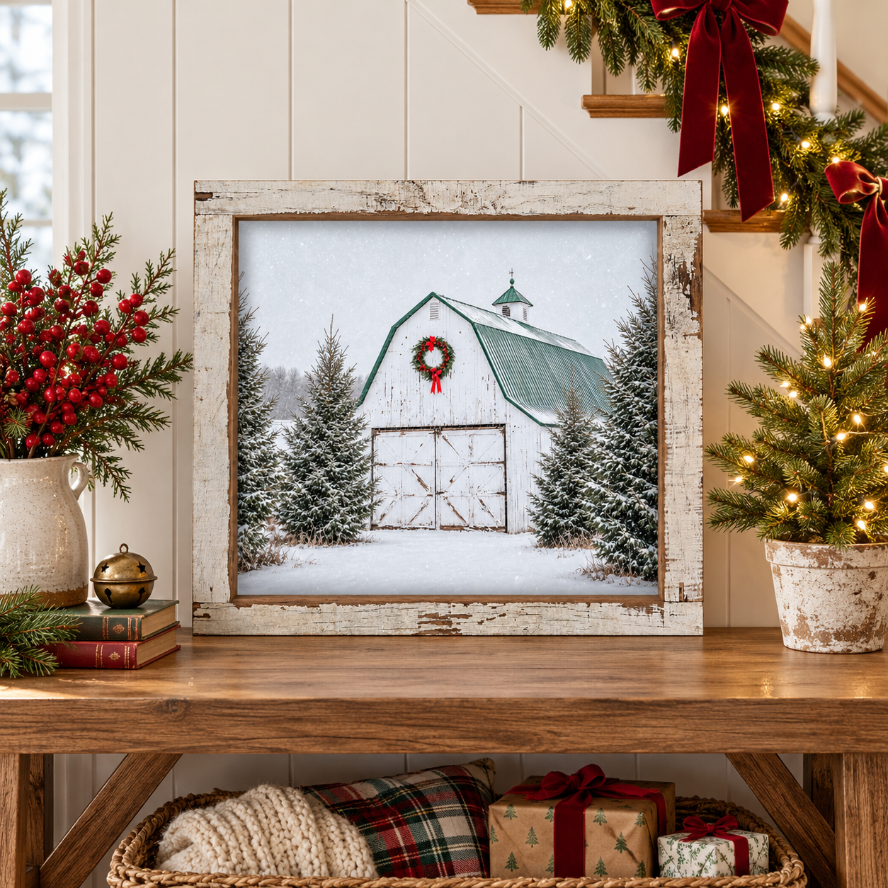 White barn Christmas wall sign with a red-bow wreath, green roof, and snowy spruce trees in a 16 x 16 inch distressed white barnwood frame