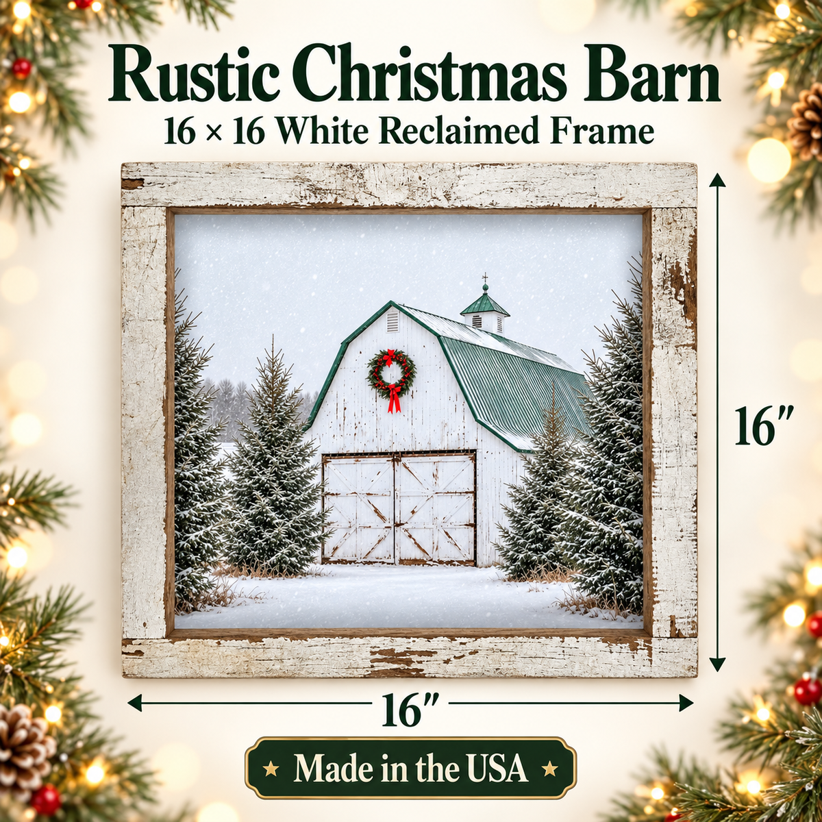 White Barn Christmas Wall Sign - Red-Bow Wreath & Snowy Spruce, 16 x 16" Distressed White Frame