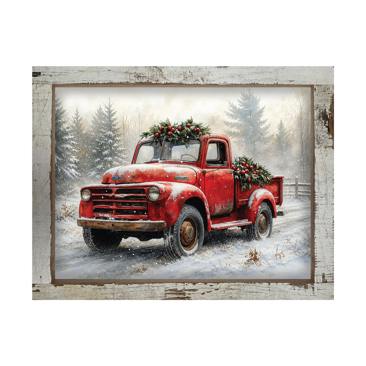 Vintage Red Truck Christmas Wall Sign - Holly & Snowy Pines, Distressed White Frame