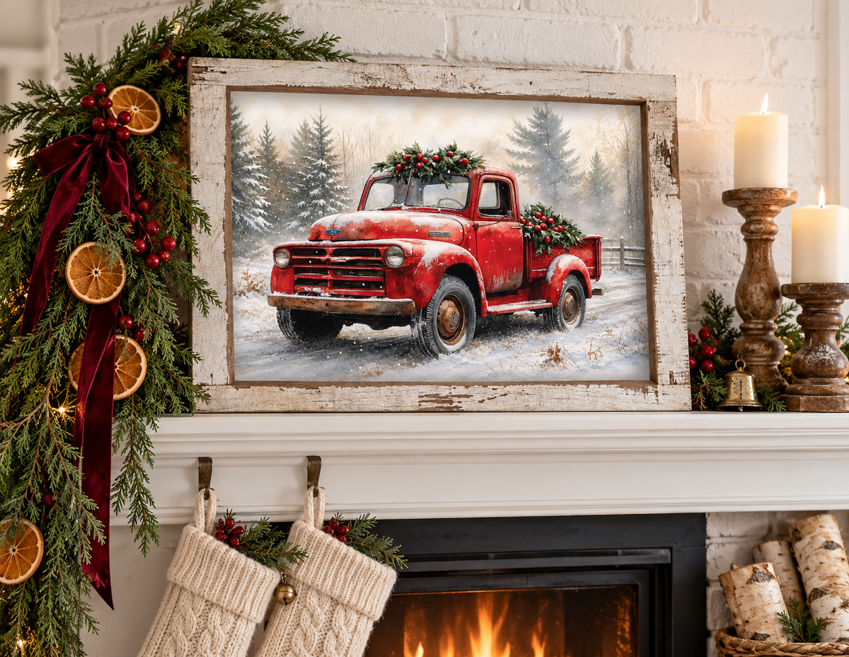 Vintage Red Truck Christmas Wall Sign - Holly & Snowy Pines, Distressed White Frame