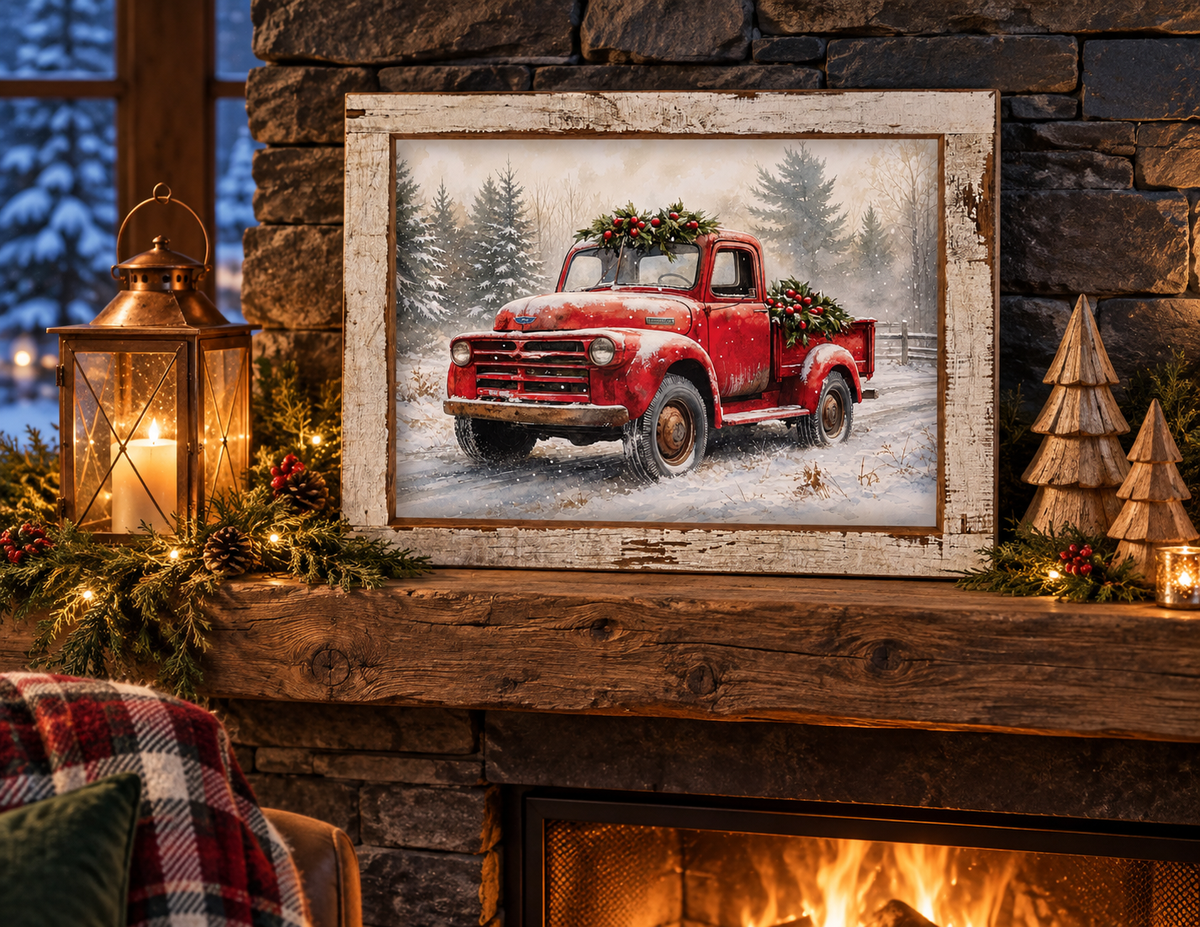 Vintage Red Truck Christmas Wall Sign - Holly & Snowy Pines, Distressed White Frame