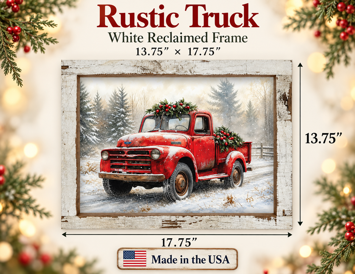 Vintage Red Truck Christmas Wall Sign - Holly & Snowy Pines, Distressed White Frame