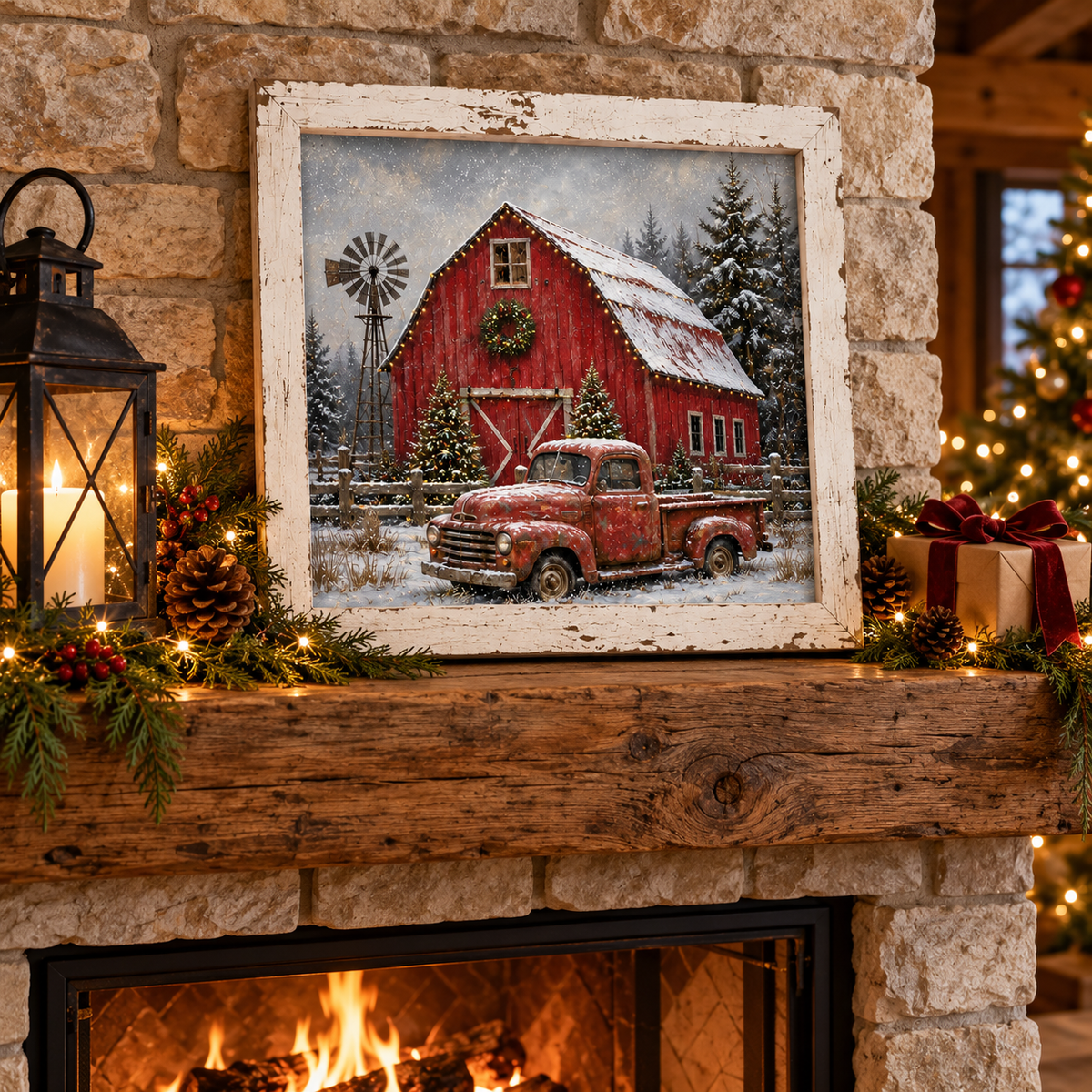 Red Truck & Red Barn Christmas Wall Sign - Wreath, Windmill & Snow, 16 x 16" Distressed White Frame