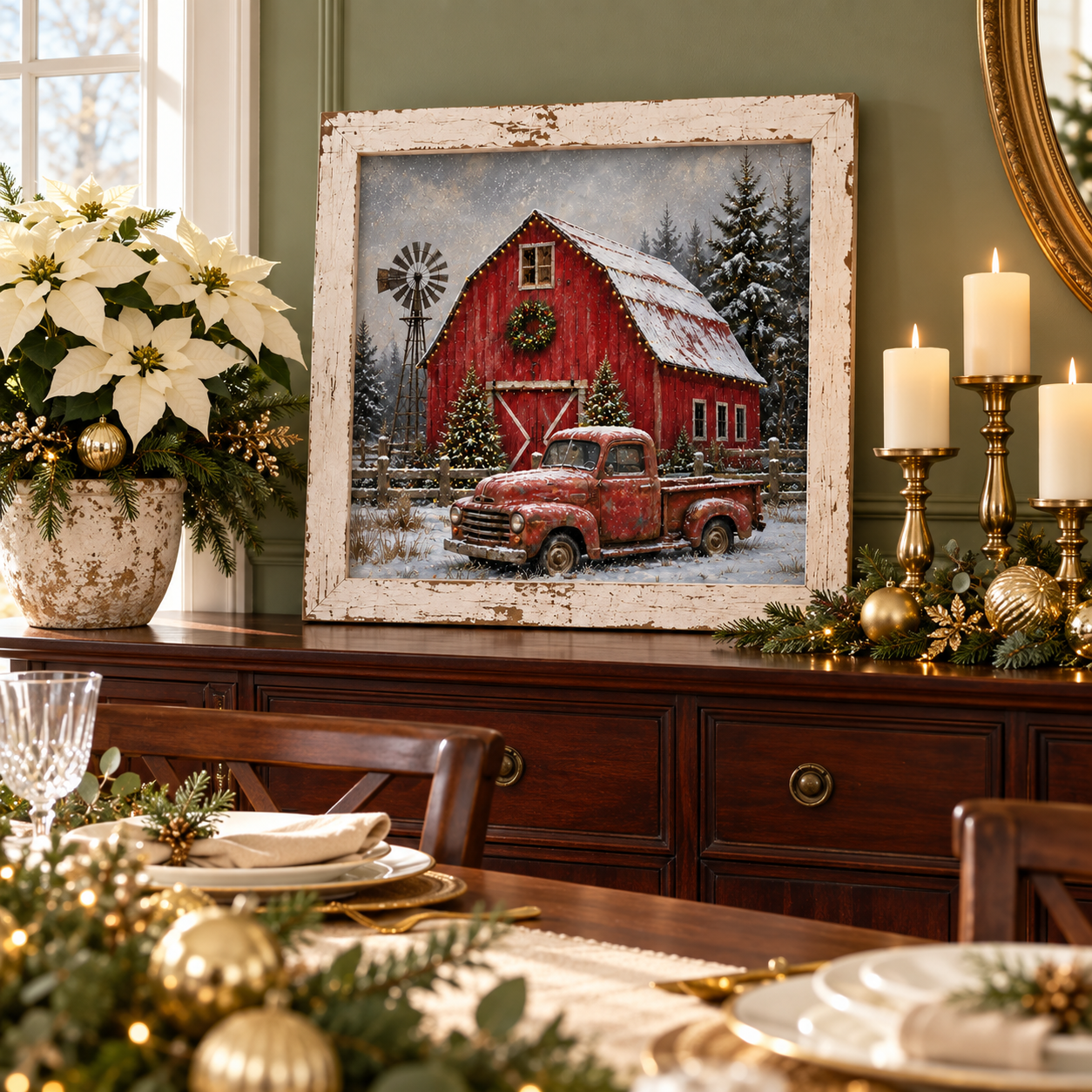 Red Truck & Red Barn Christmas Wall Sign - Wreath, Windmill & Snow, 16 x 16" Distressed White Frame