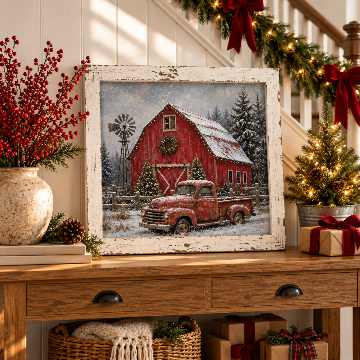 Red Truck &amp; Red Barn Christmas Wall Sign - Wreath, Windmill &amp; Snow, 16 x 16" Distressed White Frame