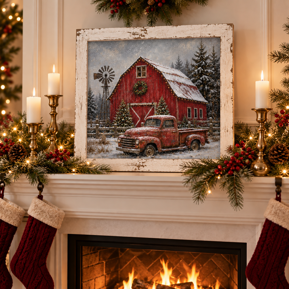 Red Truck & Red Barn Christmas Wall Sign - Wreath, Windmill & Snow, 16 x 16" Distressed White Frame