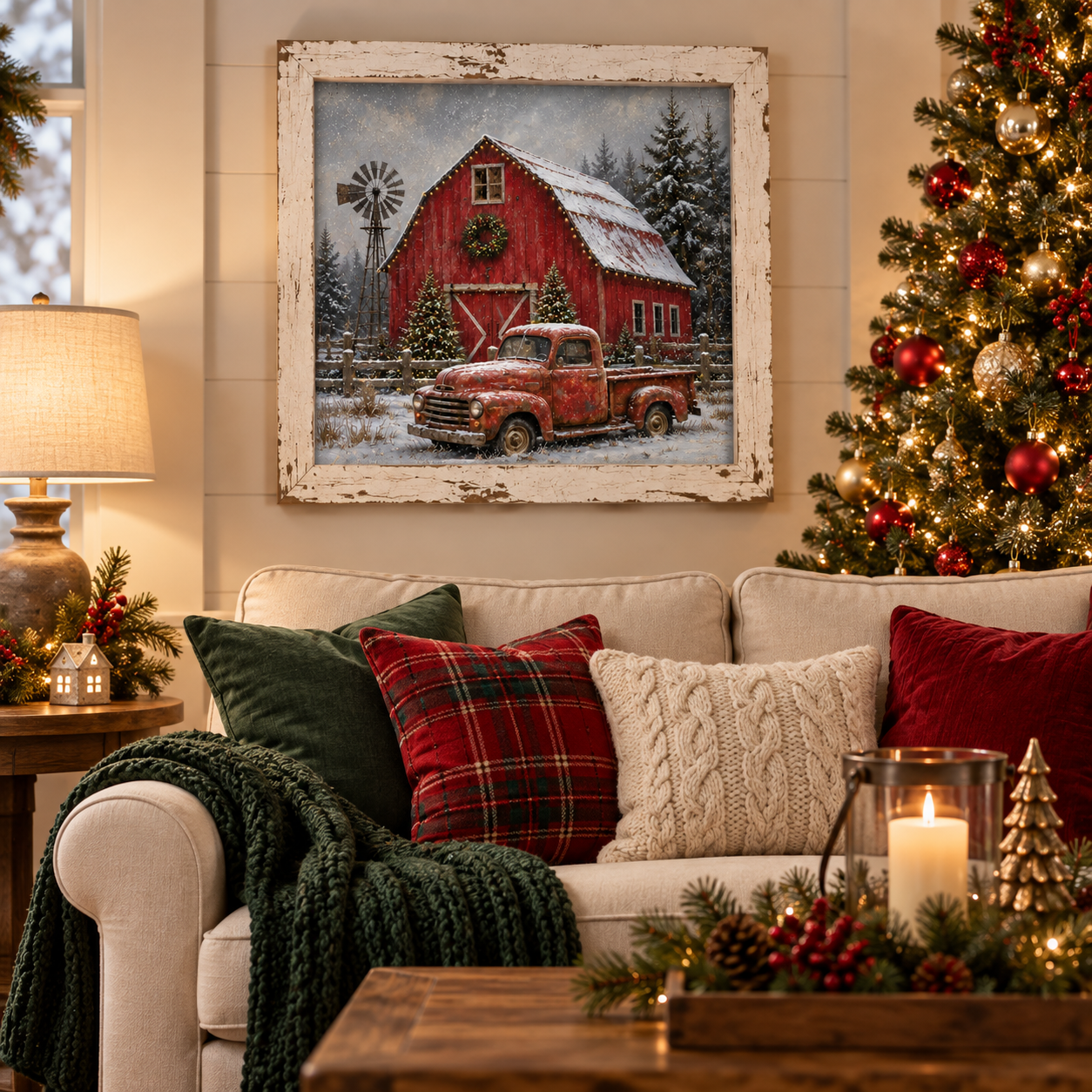 Red Truck & Red Barn Christmas Wall Sign - Wreath, Windmill & Snow, 16 x 16" Distressed White Frame