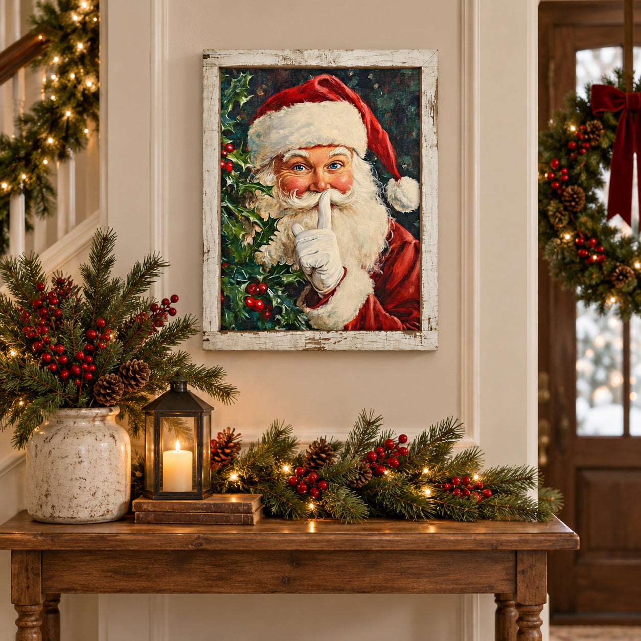 Shh Santa Christmas Wall Sign - Santa with Finger to Lips & Holly, 13.75 x 17.75" Distressed White Frame
