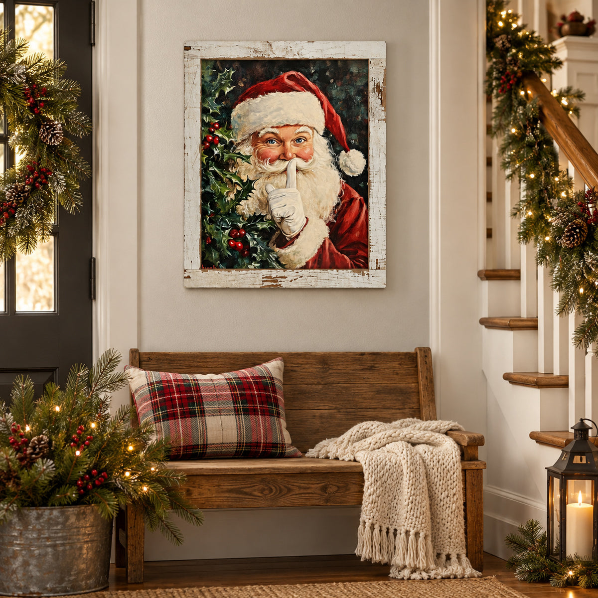 Shh Santa Christmas Wall Sign - Santa with Finger to Lips & Holly, 13.75 x 17.75" Distressed White Frame