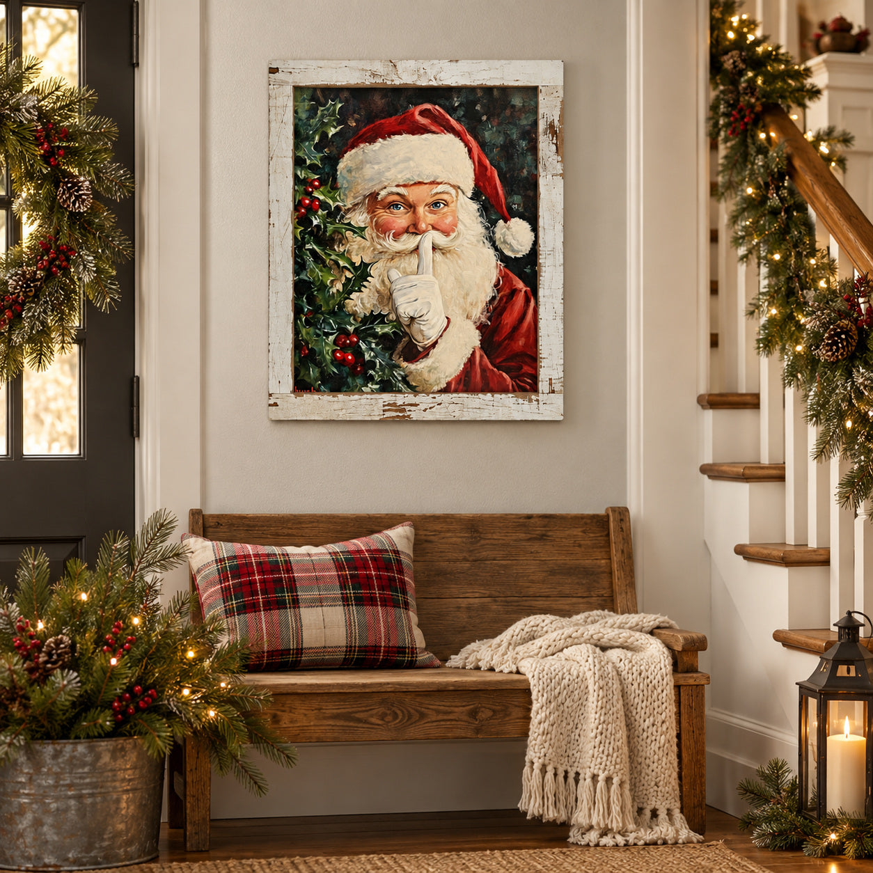 Shh Santa Christmas Wall Sign - Santa with Finger to Lips & Holly, 13.75 x 17.75" Distressed White Frame