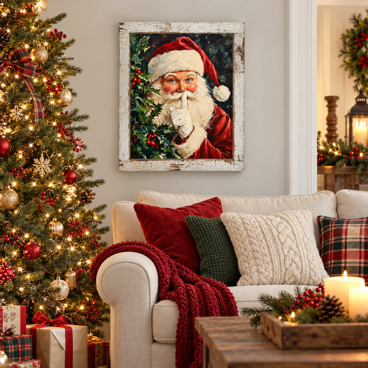 Shh Santa Christmas Wall Sign - Santa with Finger to Lips &amp; Holly, 13.75 x 17.75" Distressed White Frame