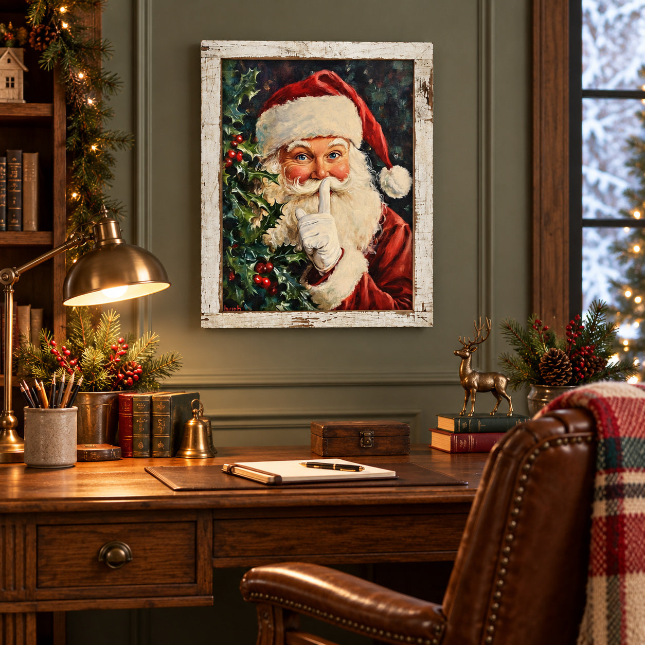 Shh Santa Christmas Wall Sign - Santa with Finger to Lips & Holly, 13.75 x 17.75" Distressed White Frame