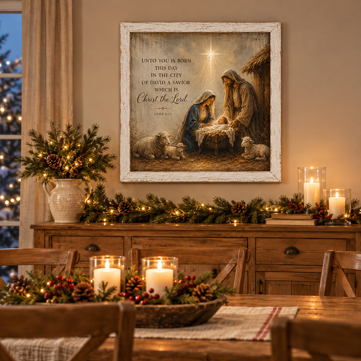 Nativity Christmas Wall Sign - Luke 2:11 Unto You Is Born This Day a Savior, 16 x 16" Distressed White Frame
