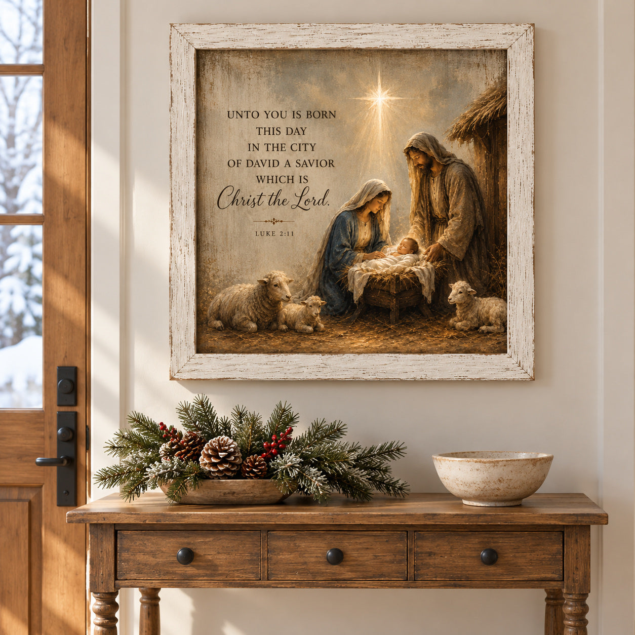 Nativity Christmas Wall Sign - Luke 2:11 Unto You Is Born This Day a Savior, 16 x 16" Distressed White Frame