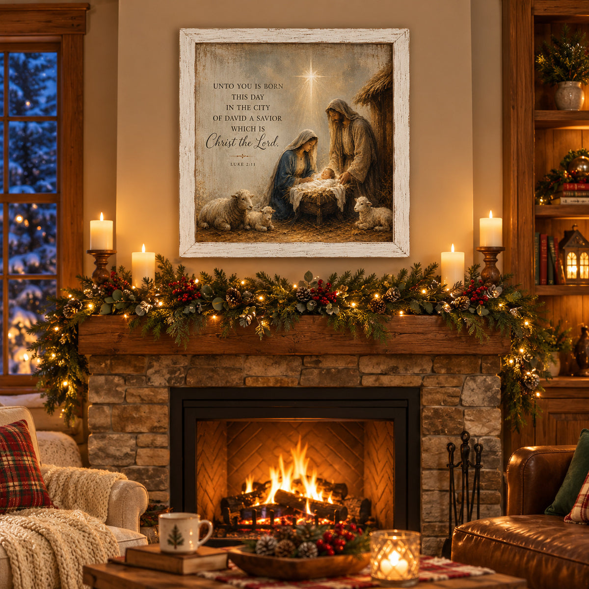 Nativity Christmas Wall Sign - Luke 2:11 Unto You Is Born This Day a Savior, 16 x 16" Distressed White Frame