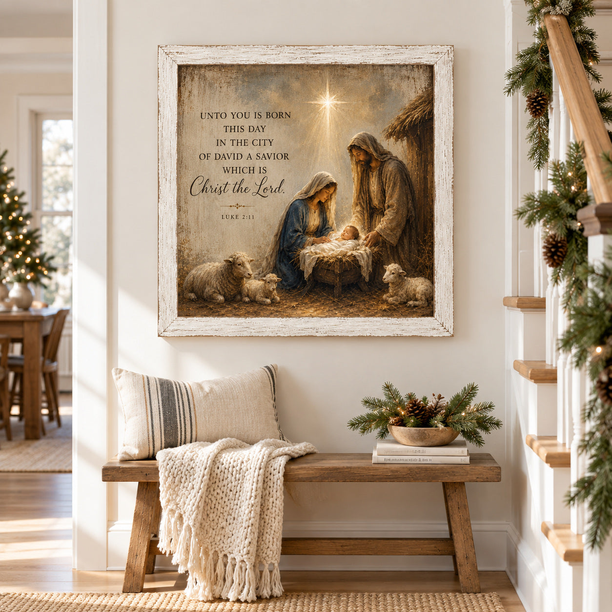 Nativity Christmas Wall Sign - Luke 2:11 Unto You Is Born This Day a Savior, 16 x 16" Distressed White Frame