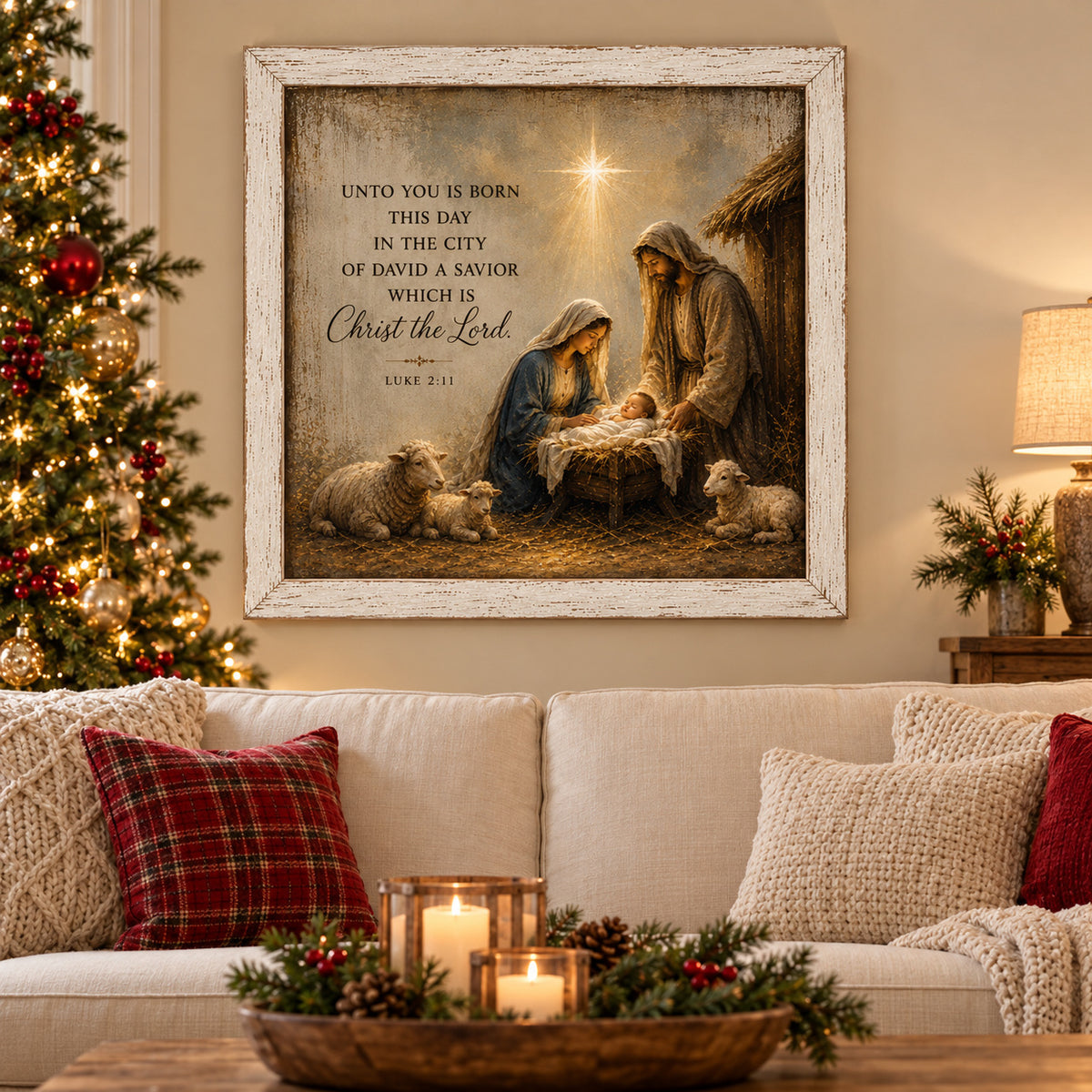 Nativity Christmas Wall Sign - Luke 2:11 Unto You Is Born This Day a Savior, 16 x 16" Distressed White Frame