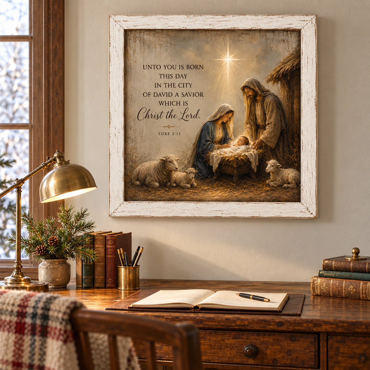 Nativity Christmas Wall Sign - Luke 2:11 Unto You Is Born This Day a Savior, 16 x 16" Distressed White Frame