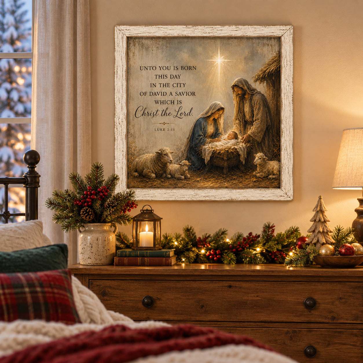 Nativity Christmas Wall Sign - Luke 2:11 Unto You Is Born This Day a Savior, 16 x 16" Distressed White Frame