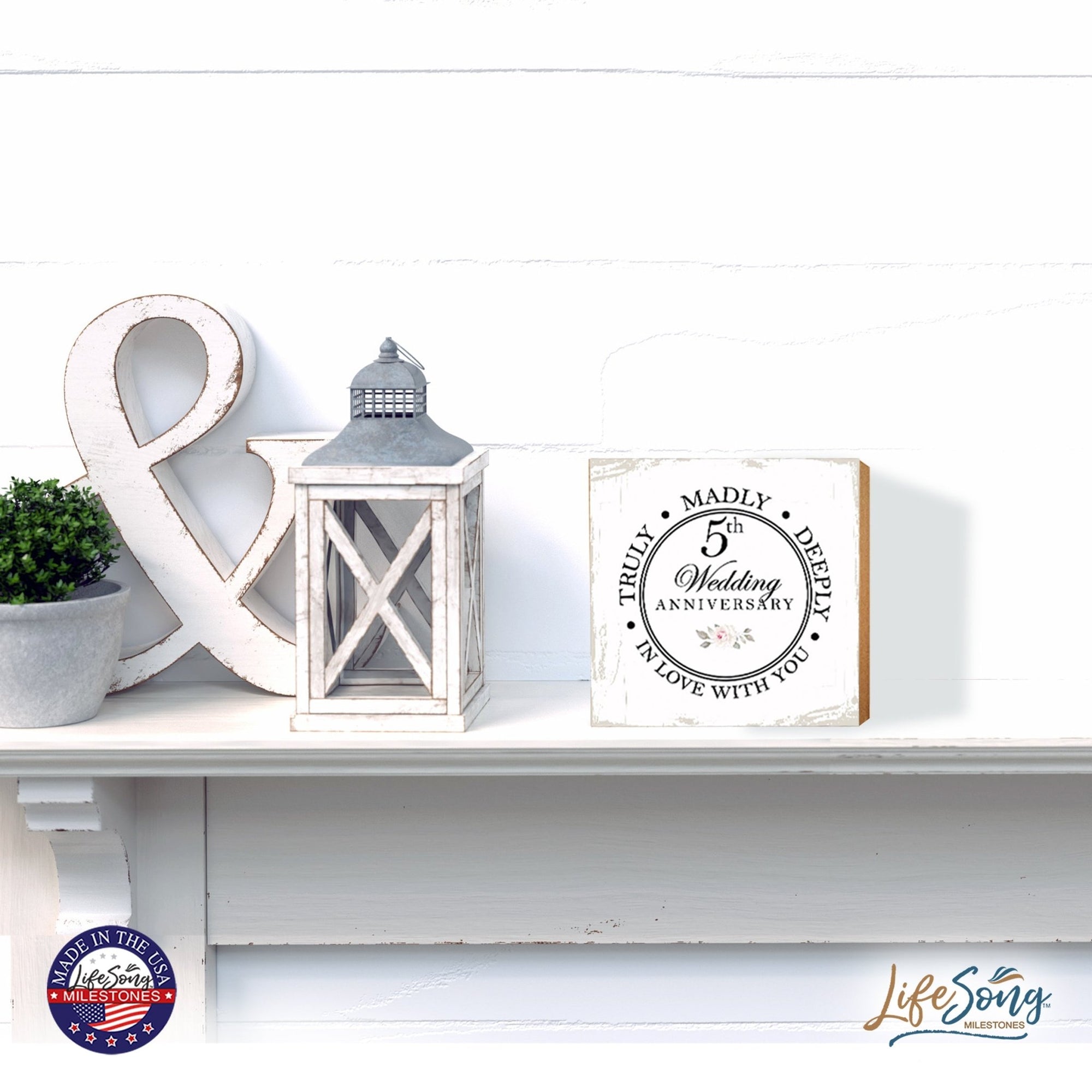 5th Wedding Anniversary Unique Shelf Decor and Tabletop Signs Gift for Couples - In Love With You - LifeSong Milestones