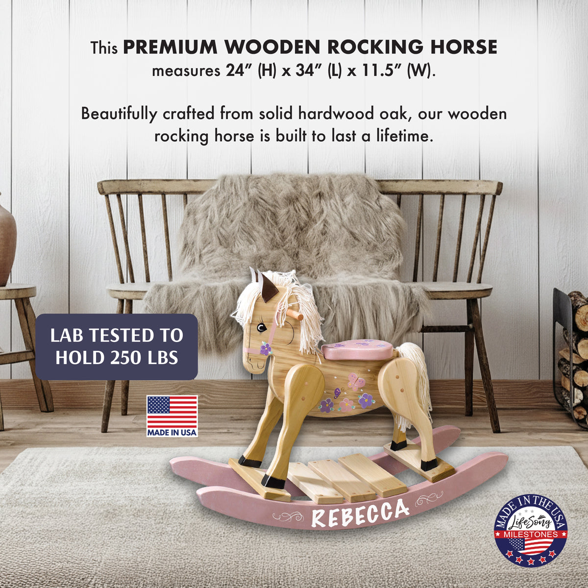 Premium wooden rocking horse product information graphic