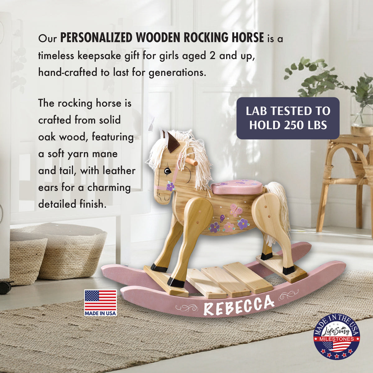 Personalized wooden rocking horse in nursery with 250 lb capacity badge