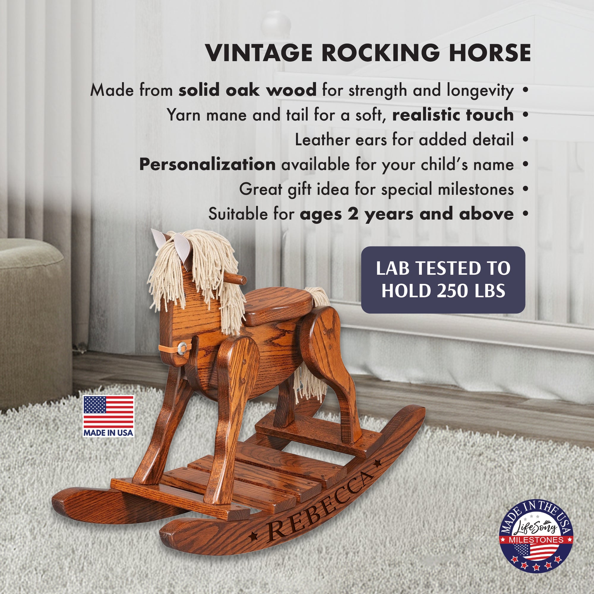 Vintage wooden rocking horse features infographic
