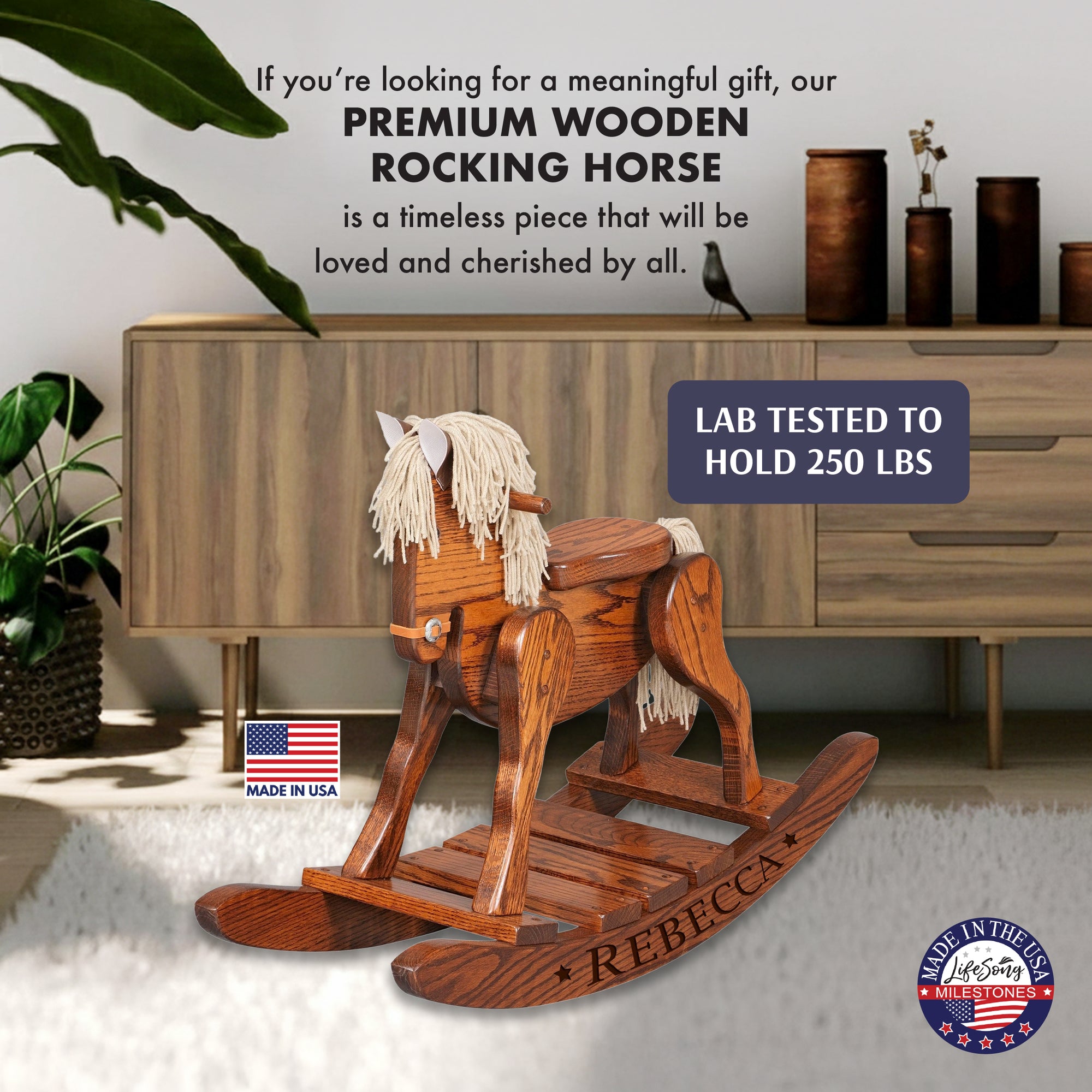 Personalized wooden rocking horse home lifestyle display