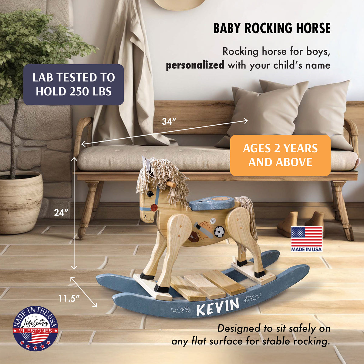 Baby rocking horse product infographic with personalization details