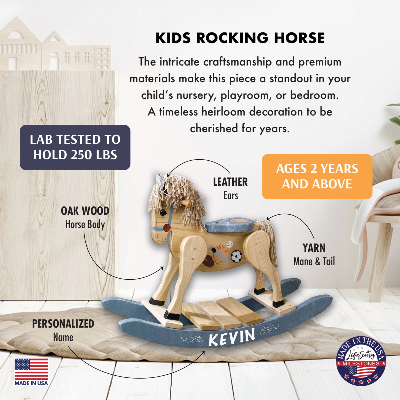Kids wooden rocking horse features infographic