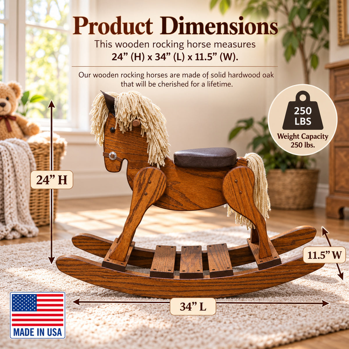 Personalized Wooden Rocking Horse – Custom Engraved Oak Toddler Gift With Leather Seat