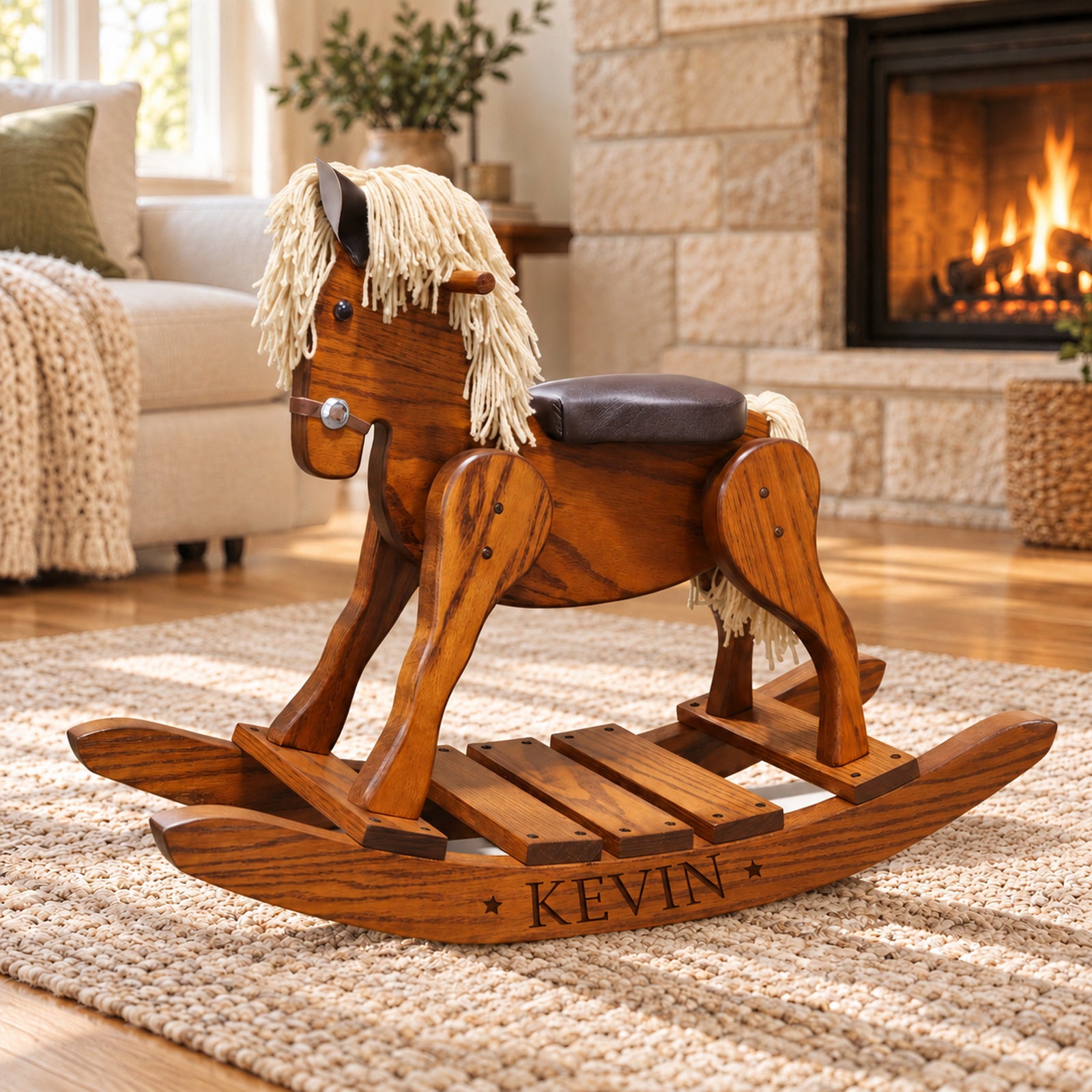 Personalized Wooden Rocking Horse – Custom Engraved Oak Toddler Gift With Leather Seat