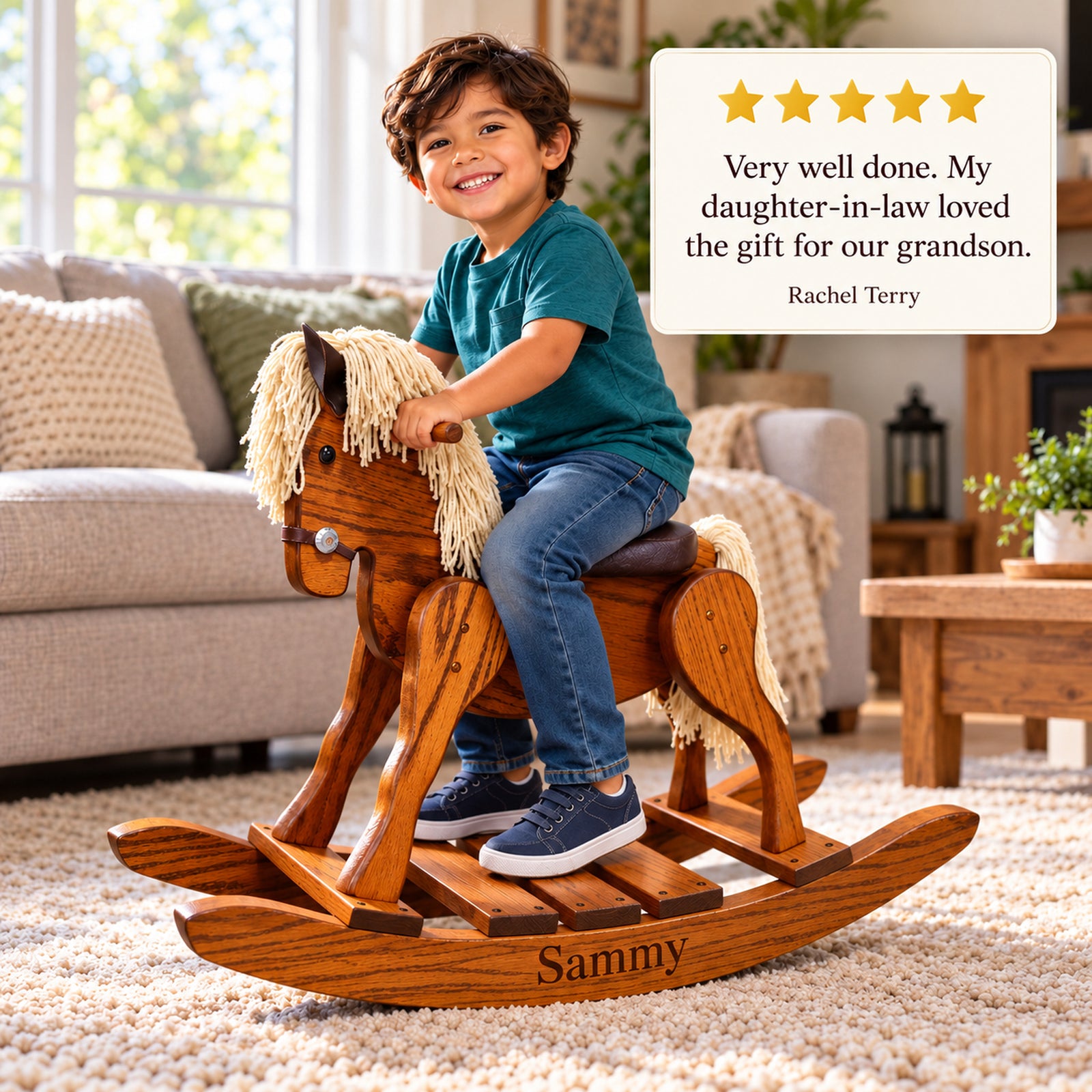 Personalized Wooden Rocking Horse – Custom Engraved Oak Toddler Gift With Leather Seat