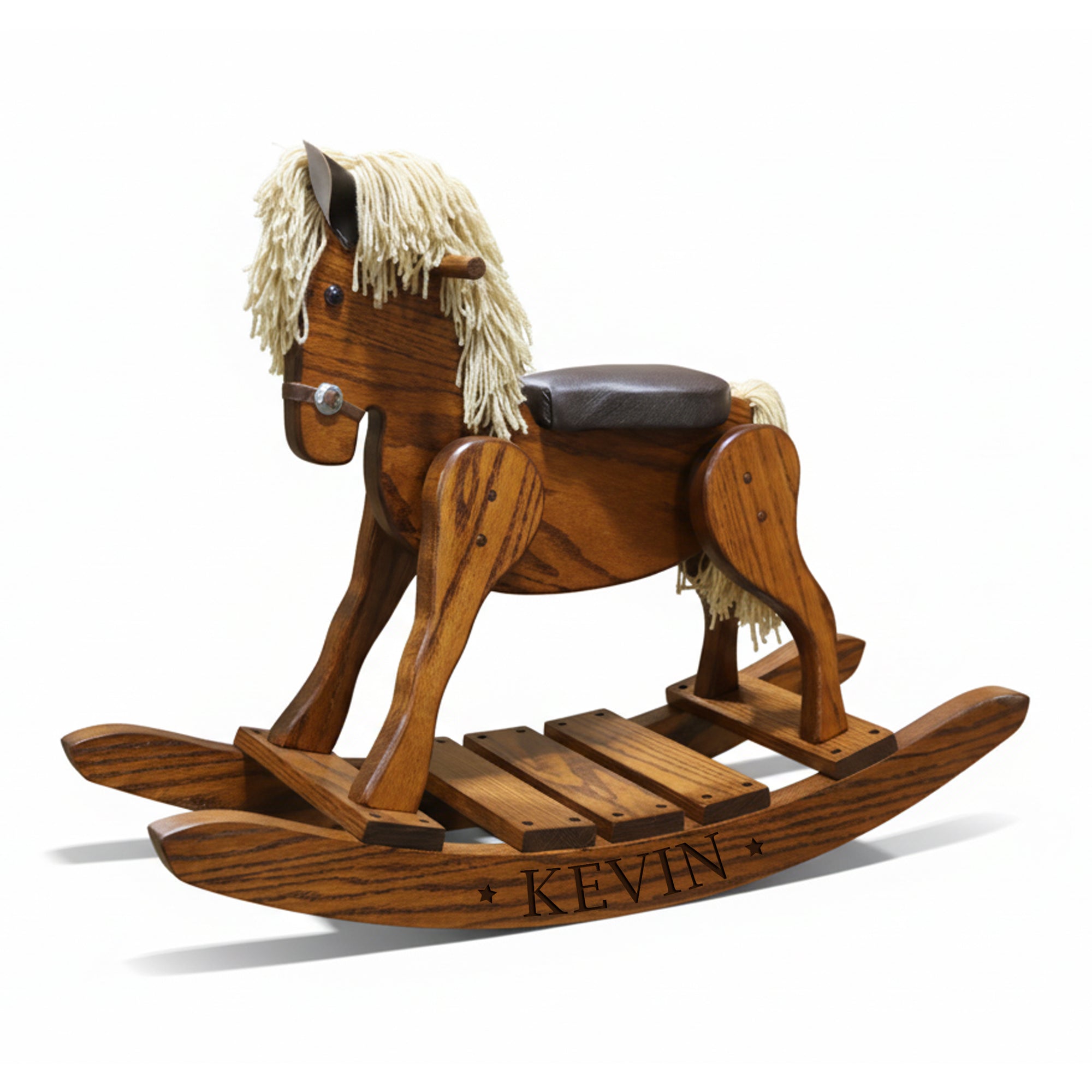 Personalized wooden rocking horse made of solid oak with custom name engraving