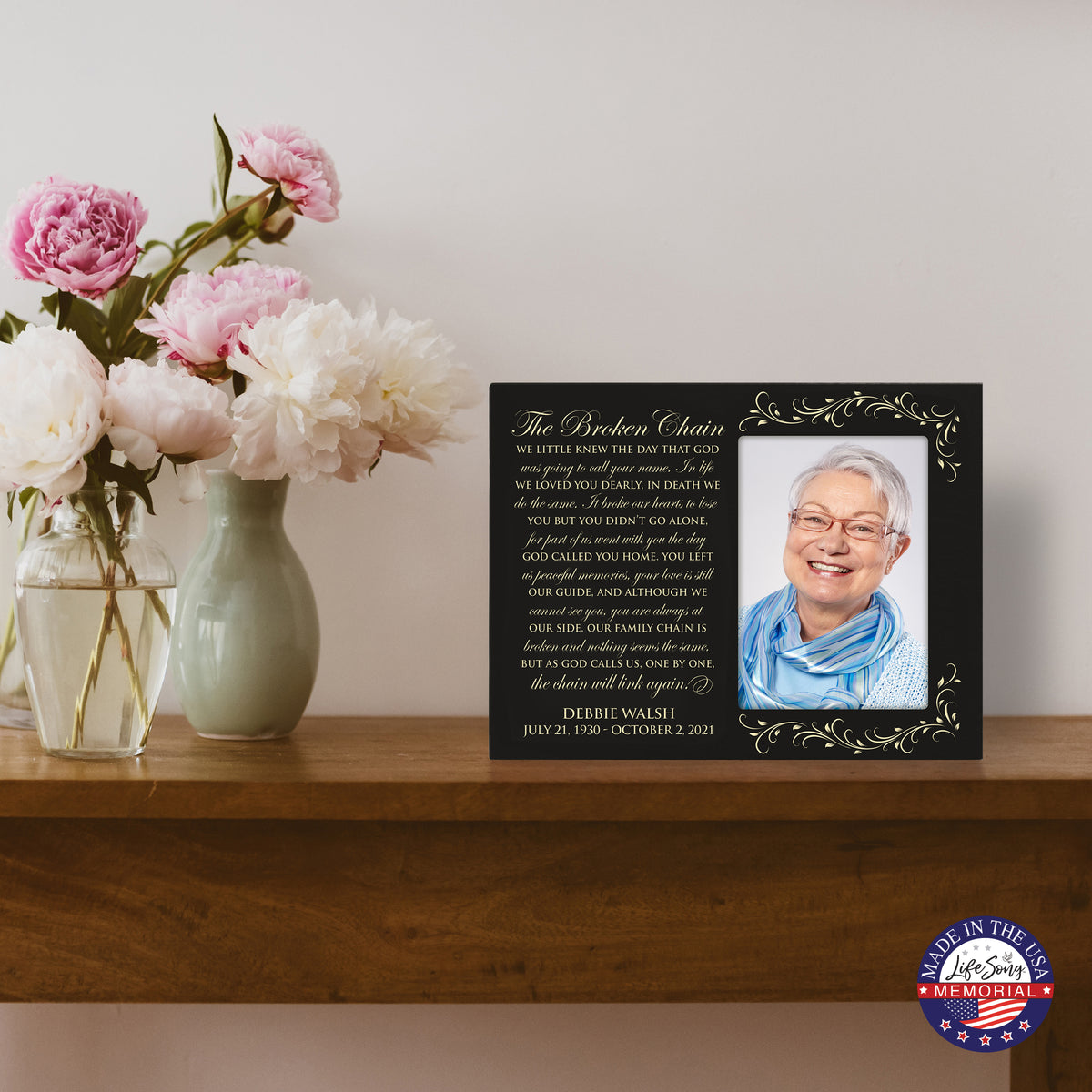 Personalized Memorial Picture Frame 4x6 Photo | The Broken Chain by Ron Tranmer | Laser Engraved Maple & Cherry Wood 8x10 Frame with Stand | Sympathy Bereavement Gift