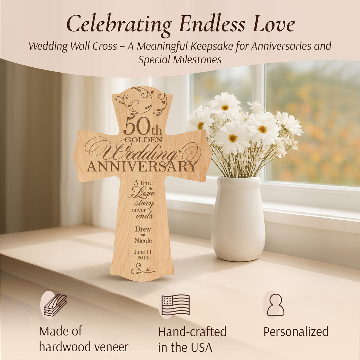 Engraved 50th wedding anniversary wooden cross made of hardwood veneer, personalized couple gift, golden anniversary home décor keepsake.