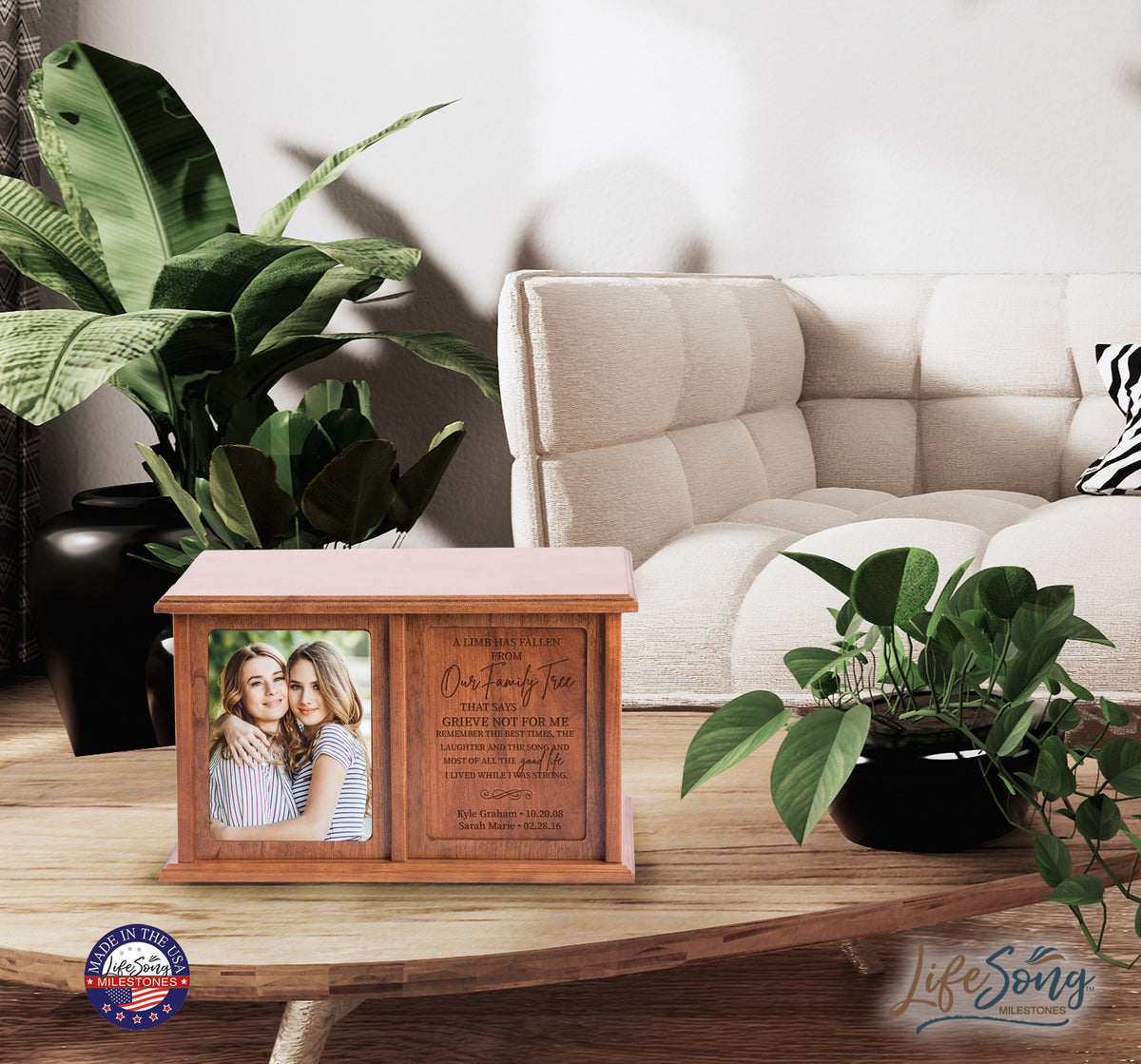 Various wooden urns for ashes including custom, engraved, and personalized options, suitable for funeral memorials and as keepsakes