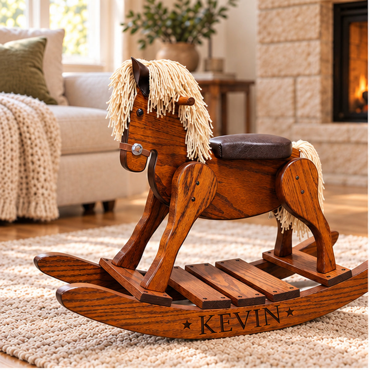 Natural Oak Wooden Rocking Horse for Toddlers & Kids – Made in USA