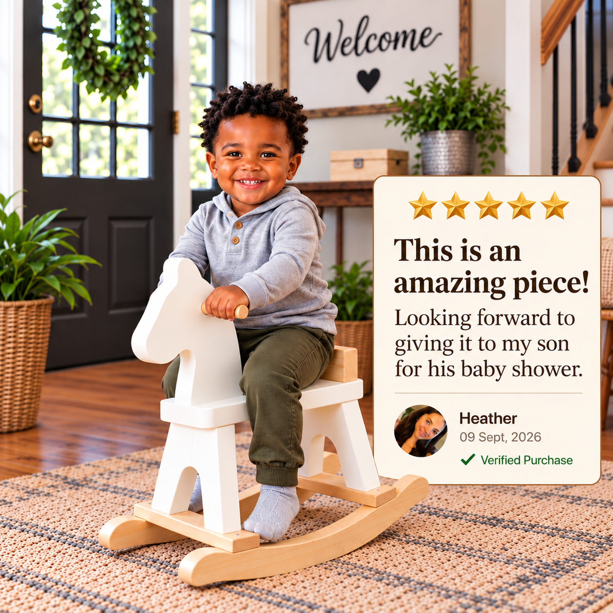 Solid Wood Rocking Horse - White Finish, Made in USA, 18" H x 10" W x 18" L