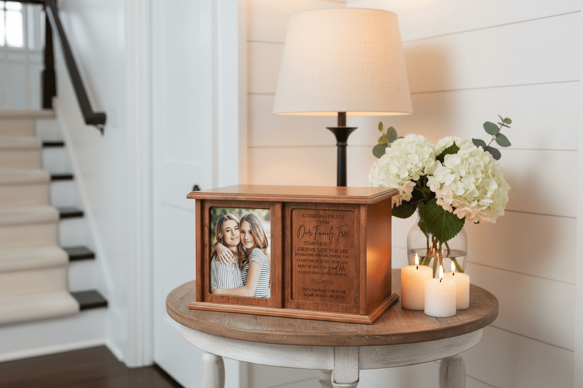 A Limb Has Fallen From Our Family Tree Companion Urn – Personalized Cherry Wood Double Cremation Urn with Glass-Protected 5x7 Photo Frame | USA Made - LifeSong Milestones