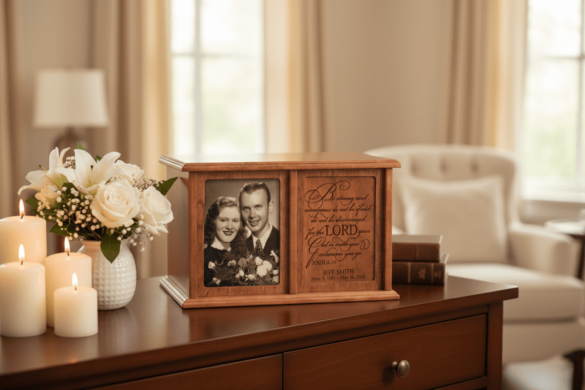 Be Strong and Courageous Companion Urn – Personalized Cherry Wood Double Cremation Urn with 5x7 Photo Frame | Joshua 1:9 | USA Made - LifeSong Milestones