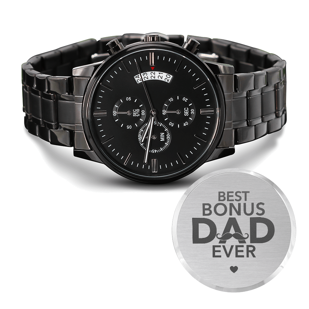 'Best Bonus Dad' Custom Watch – Engraved Chronograph Gift for Stepdad Who Stepped Up - LifeSong Milestones