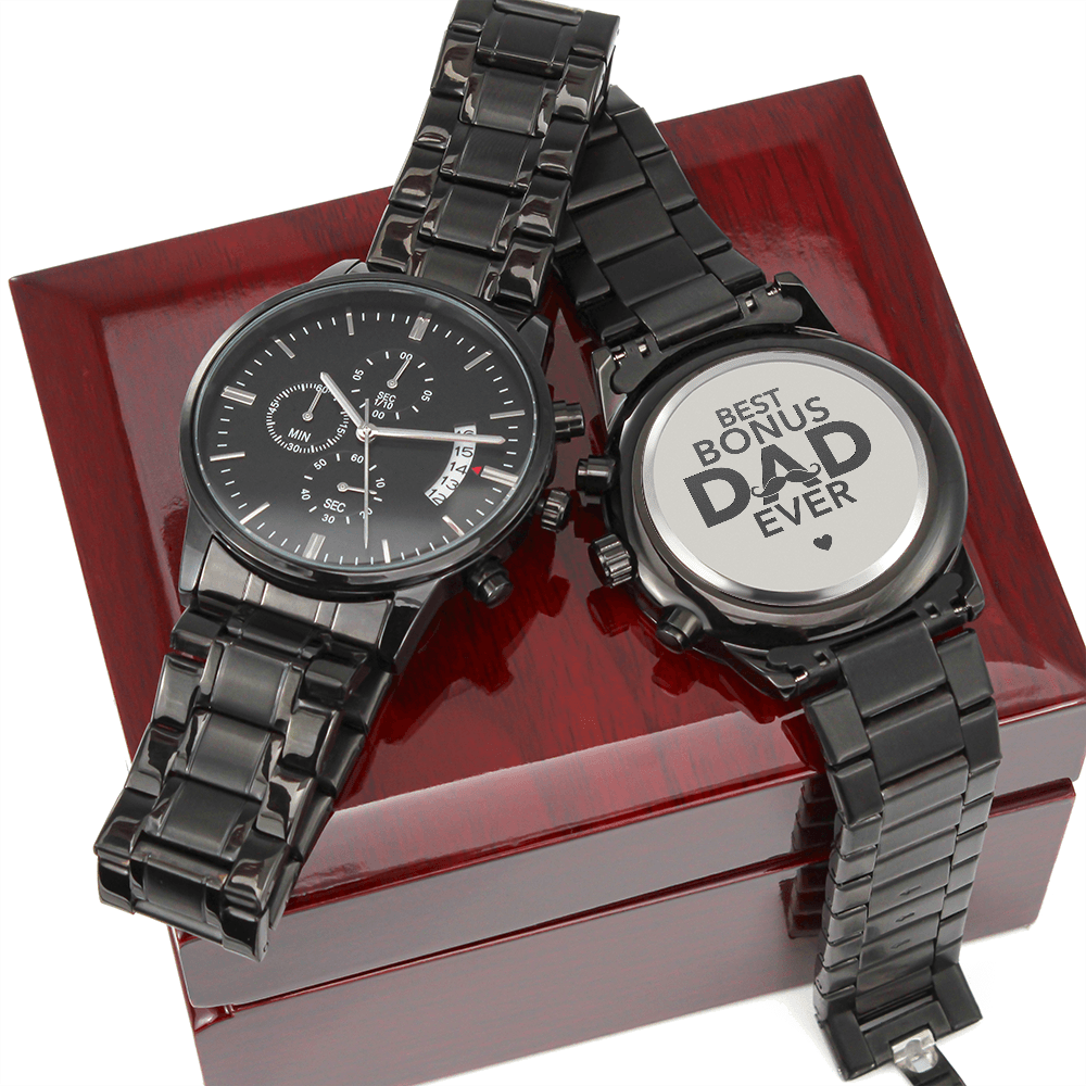 'Best Bonus Dad' Custom Watch – Engraved Chronograph Gift for Stepdad Who Stepped Up - LifeSong Milestones
