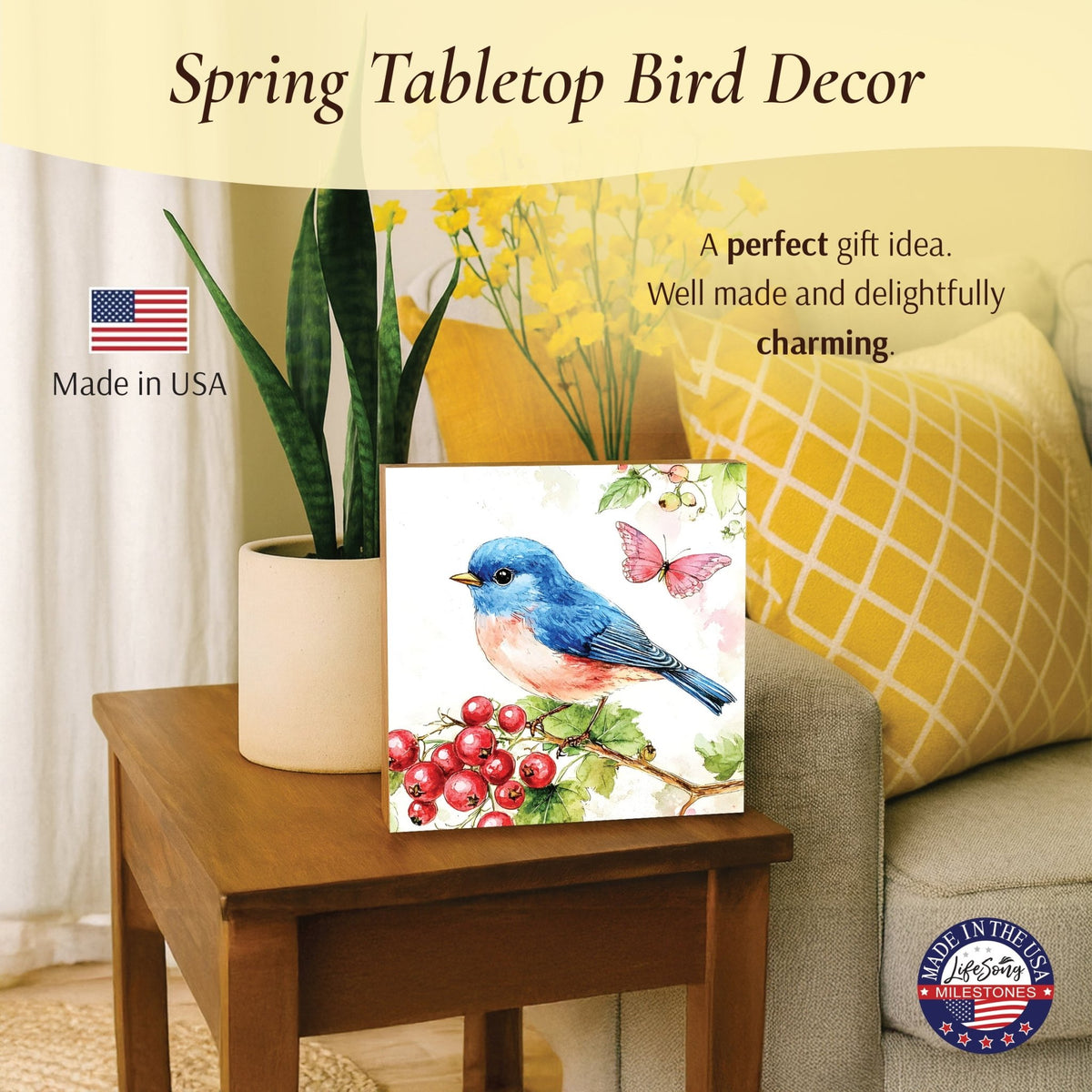 Bird Shelf Sitter for Tiered Tray — 5x5 Square Spring Wood Décor | 8 Nature Designs - LifeSong Milestones
