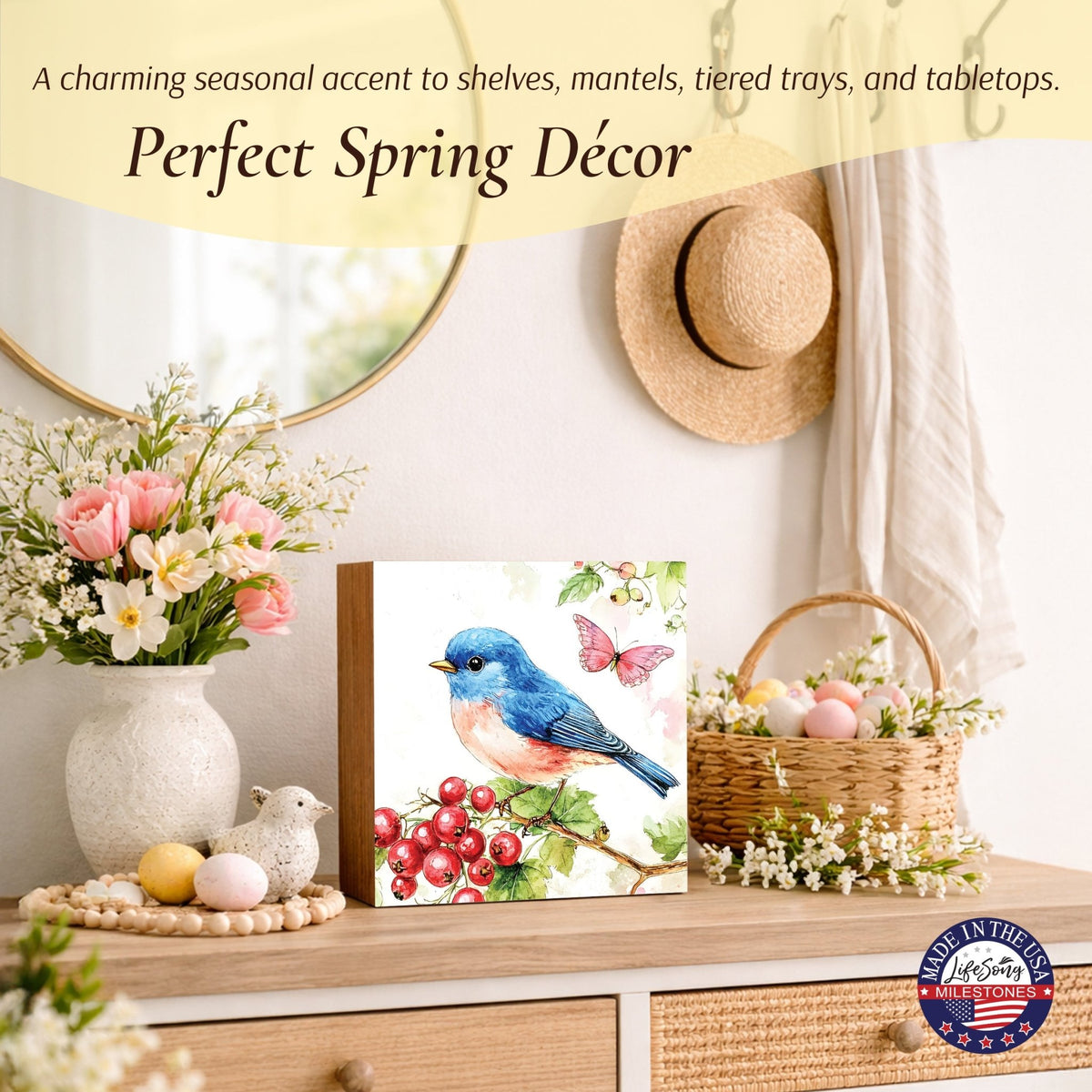 Bird Shelf Sitter for Tiered Tray — 5x5 Square Spring Wood Décor | 8 Nature Designs - LifeSong Milestones