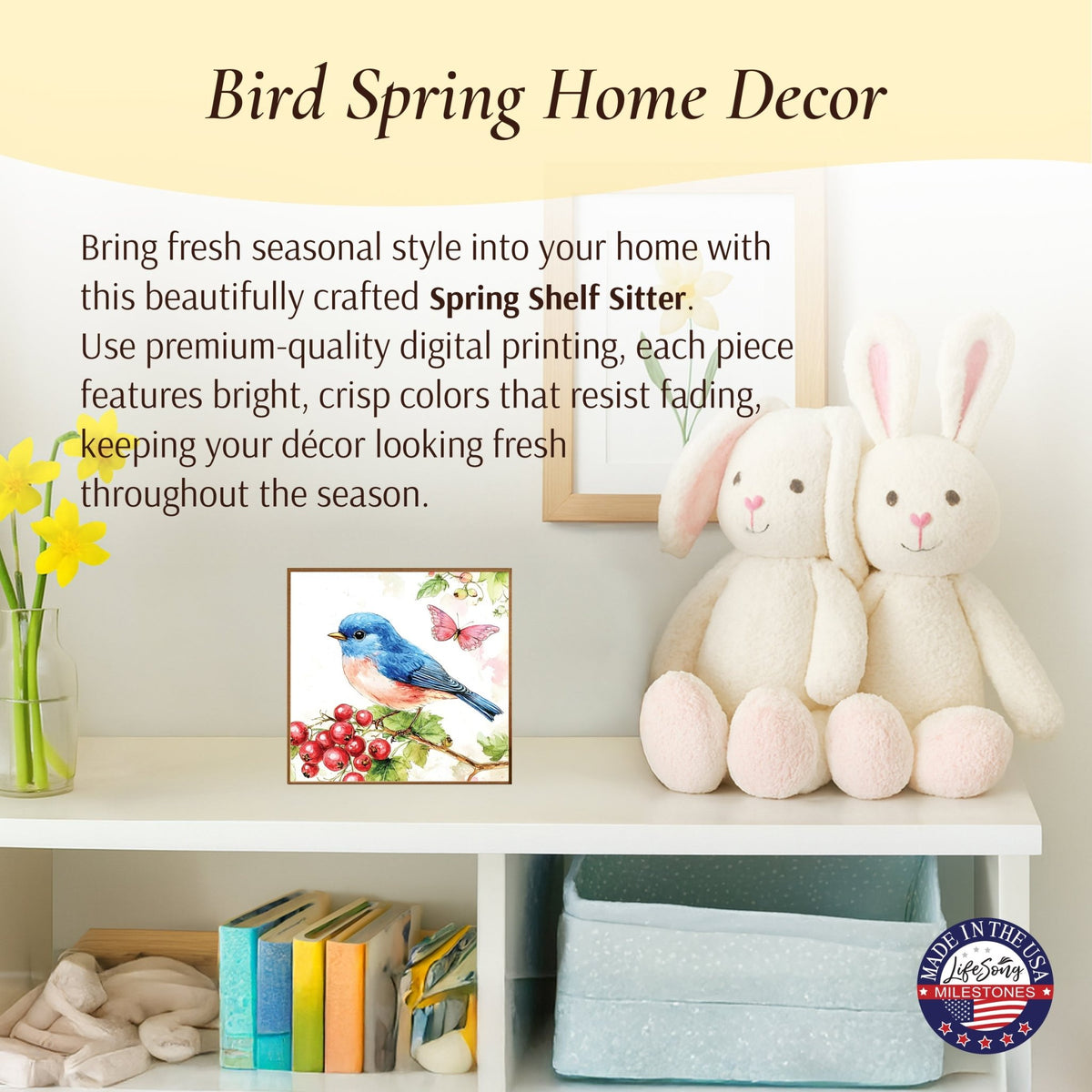 Bird Shelf Sitter for Tiered Tray — 5x5 Square Spring Wood Décor | 8 Nature Designs - LifeSong Milestones