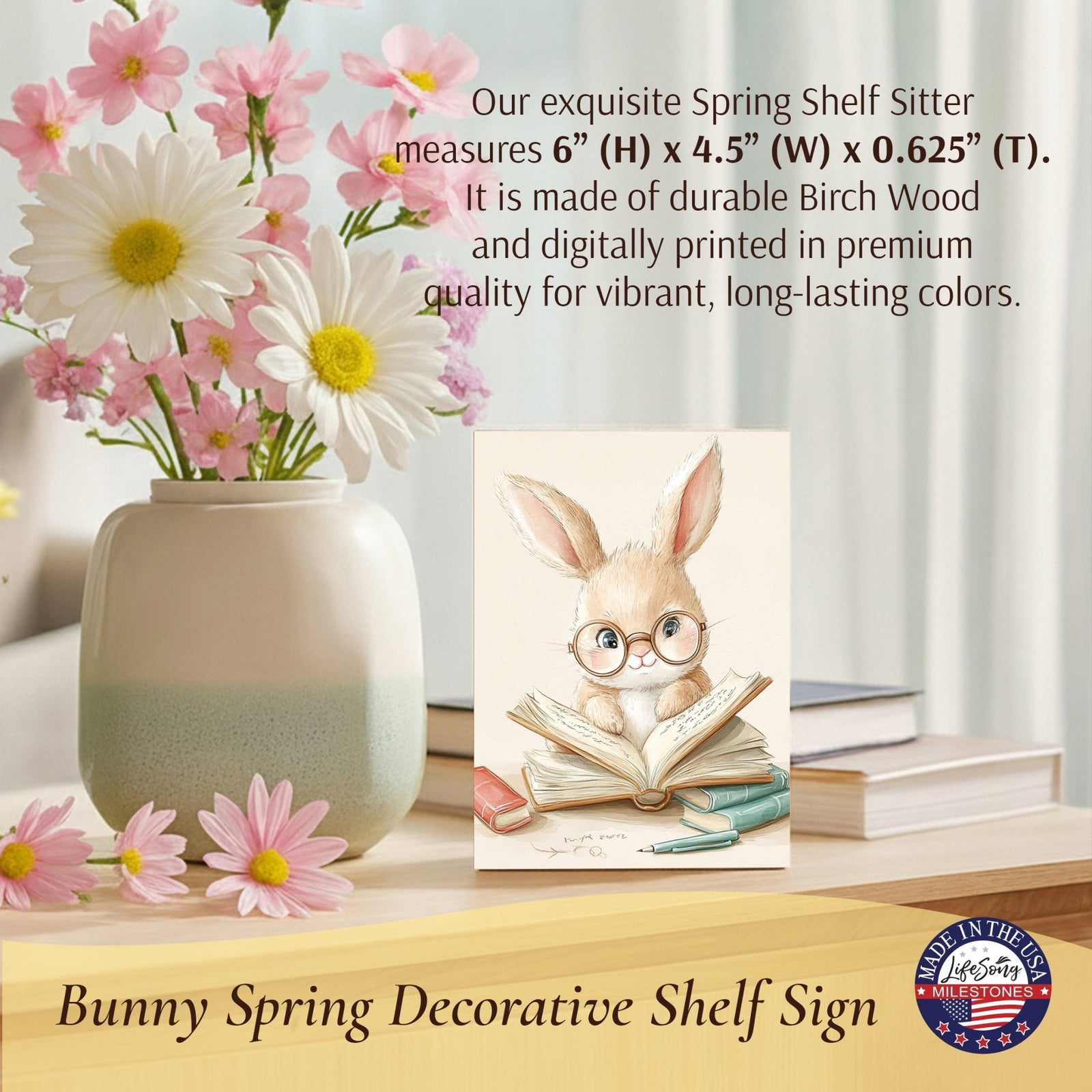 Bunny Shelf Sitter 4.5x6 — Handcrafted Birch Wood Easter & Spring Décor for Bookshelf & Console Table | Bunny Gift - LifeSong Milestones